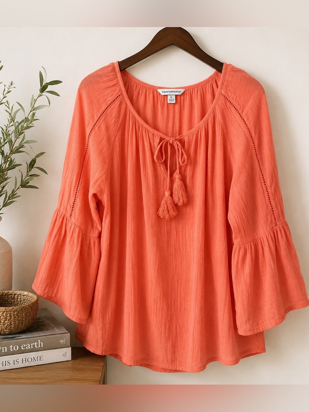 Coral Gauze Crochet Tassel Tie Bell Sleeve Boho Blouse XL